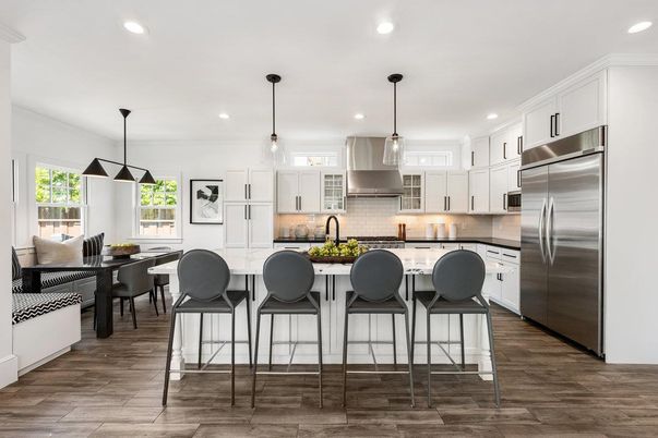 Dining room, Interior, Kitchen, Pendant Lights, Recessed Lighting, Stainless Steel Appliances, Wood Texture Flooring