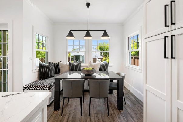 Dining room, Interior, Pendant Lights, Wood Texture Flooring