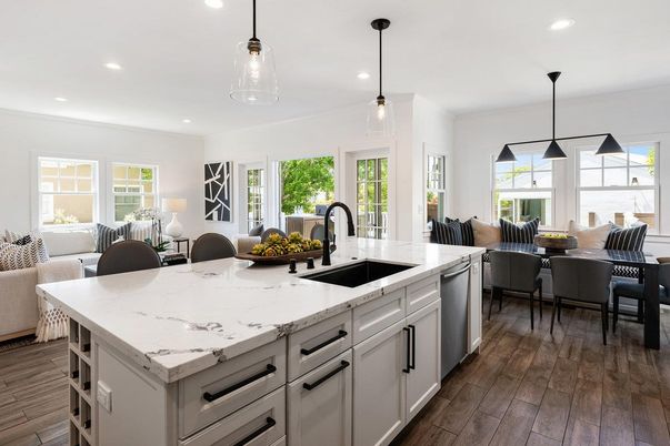 Dining room, Interior, Kitchen, Pendant Lights, Recessed Lighting, Wood Texture Flooring