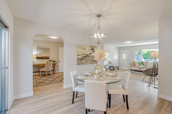 Dining room, Interior, Living room, Pendant Lights, Wood Texture Flooring