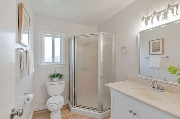 Bathroom, Glass Shower, Interior, Wood Texture Flooring