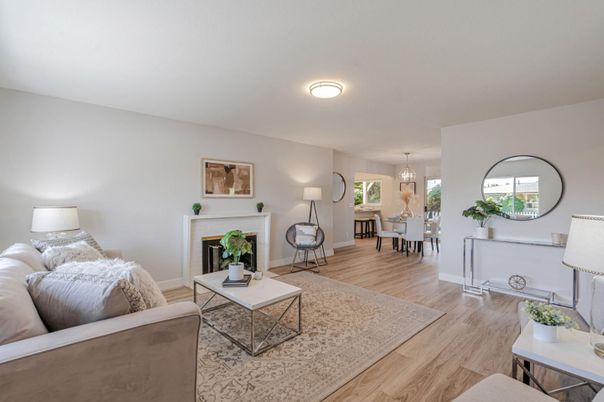 Chandelier, Dining room, Fireplace, Interior, Living room, Pendant Lights, Wood Texture Flooring