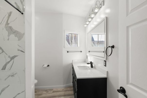 Bathroom, Interior, Marble Walls, Wood Texture Flooring