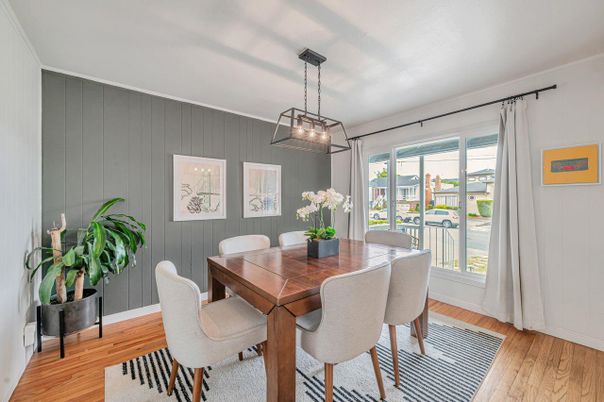 Dining room, Interior, Pendant Lights, Wood Texture Flooring