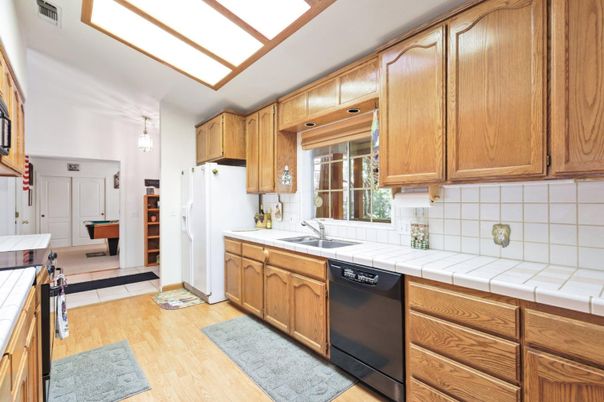 Interior, Kitchen, Tile Countertops, Wood Texture Flooring