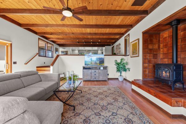 Fireplace, Interior, Living room, Recessed Lighting, Wooden Beams, Wooden Ceilings, Wood Texture Flooring