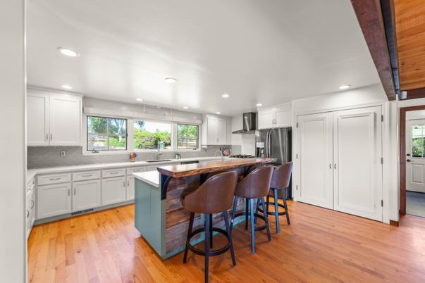 Interior, Kitchen, Recessed Lighting, Stainless Steel Appliances, Wooden Beams, Wood Texture Flooring