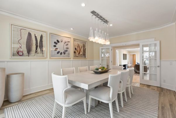 Dining room, Interior, Pendant Lights, Recessed Lighting, Wood Texture Flooring