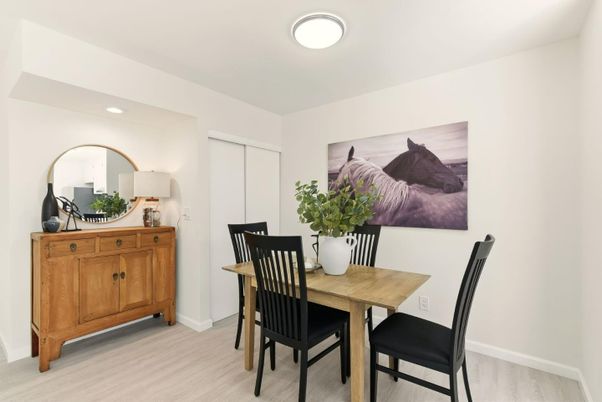 Dining room, Interior, Recessed Lighting, Wood Texture Flooring