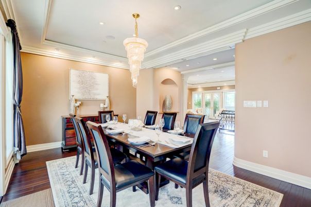 Chandelier, Dining room, Interior, Recessed Lighting, Wood Texture Flooring