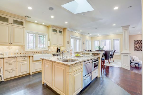 Dining room, Interior, Kitchen, Recessed Lighting, Stainless Steel Appliances, Wood Texture Flooring