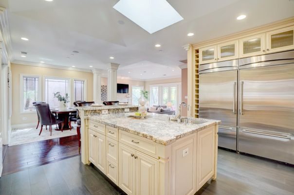 Dining room, Interior, Kitchen, Recessed Lighting, Stainless Steel Appliances, Wood Texture Flooring
