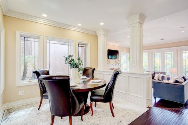 Dining room, Interior, Living room, Recessed Lighting, Wood Texture Flooring