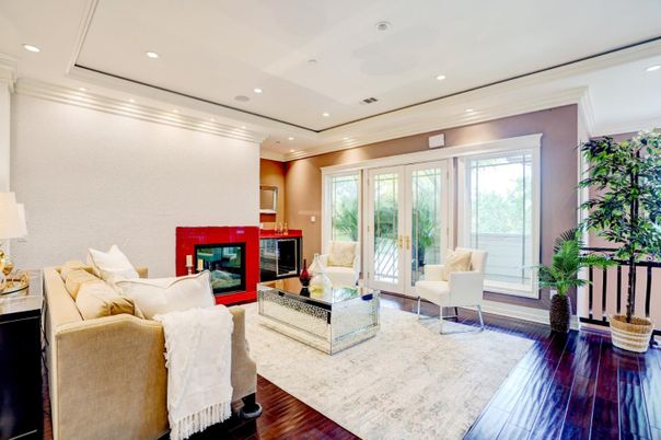 Fireplace, Interior, Living room, Recessed Lighting, Wood Texture Flooring