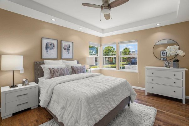Bedroom, Interior, Recessed Lighting, Wood Texture Flooring