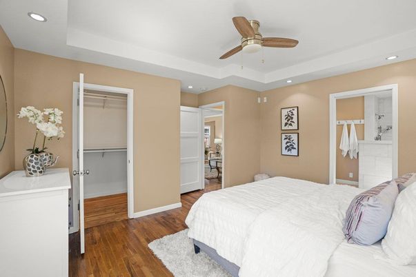 Bedroom, Interior, Recessed Lighting, Wood Texture Flooring