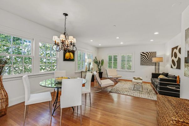 Chandelier, Dining room, Interior, Living room, Recessed Lighting, Wood Texture Flooring