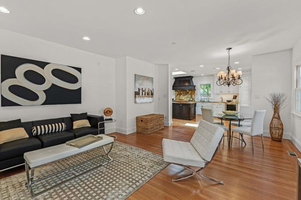 Chandelier, Dining room, Interior, Kitchen, Living room, Recessed Lighting, Wood Texture Flooring