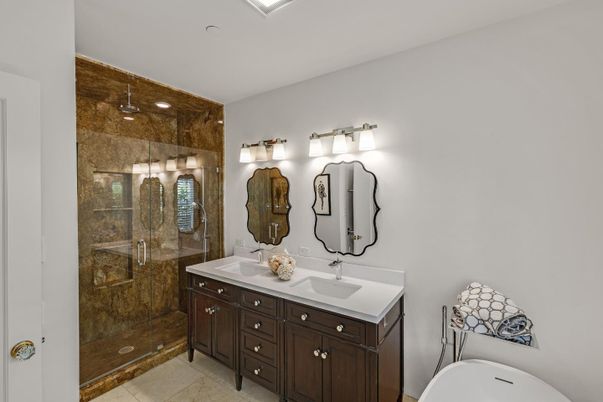 Bathroom, Dual Sink Vanities, Glass Shower, Interior, Recessed Lighting