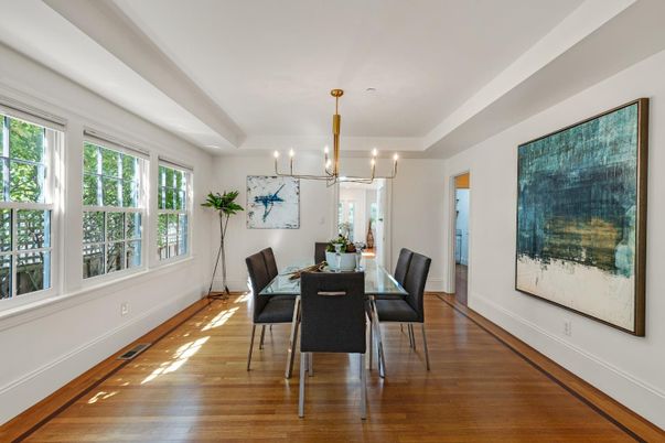 Dining room, Interior, Pendant Lights, Wood Texture Flooring