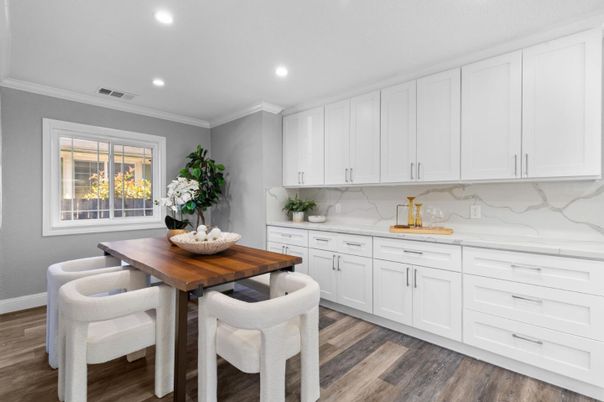 Dining room, Interior, Marble Walls, Recessed Lighting, Wood Texture Flooring