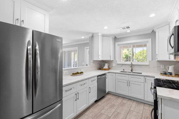 Interior, Kitchen, Recessed Lighting, Stainless Steel Appliances, Wood Texture Flooring