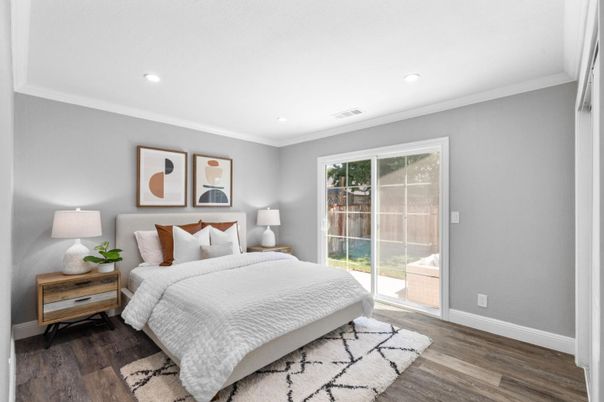Bedroom, Interior, Recessed Lighting, Wood Texture Flooring