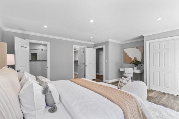 Bedroom, Interior, Recessed Lighting, Wood Texture Flooring
