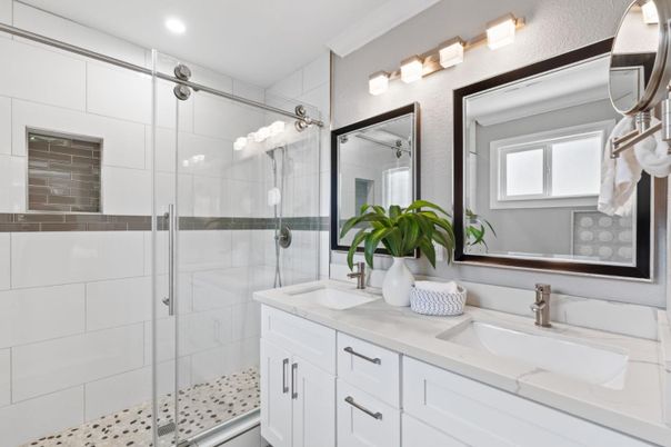 Bathroom, Dual Sink Vanities, Glass Shower, Interior, Recessed Lighting