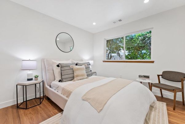 Bedroom, Interior, Recessed Lighting, Wood Texture Flooring