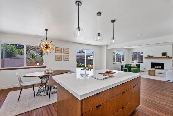 Dining room, Fireplace, Interior, Living room, Pendant Lights, Recessed Lighting, Wood Texture Flooring