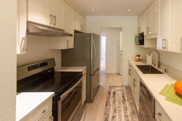 Interior, Kitchen, Recessed Lighting, Stainless Steel Appliances, Wood Texture Flooring