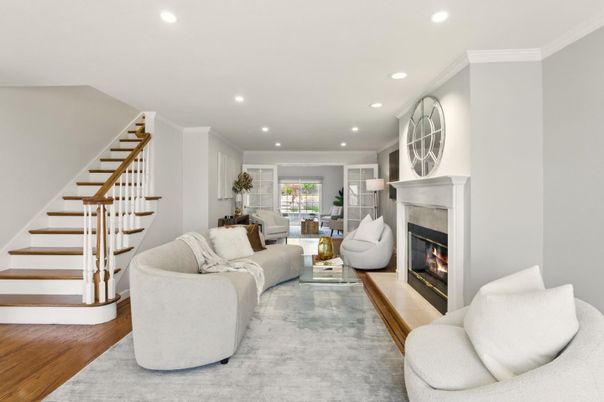 Fireplace, Interior, Living room, Recessed Lighting, Wood Texture Flooring
