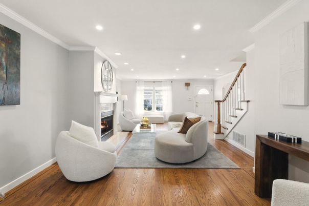 Fireplace, Interior, Living room, Recessed Lighting, Wood Texture Flooring