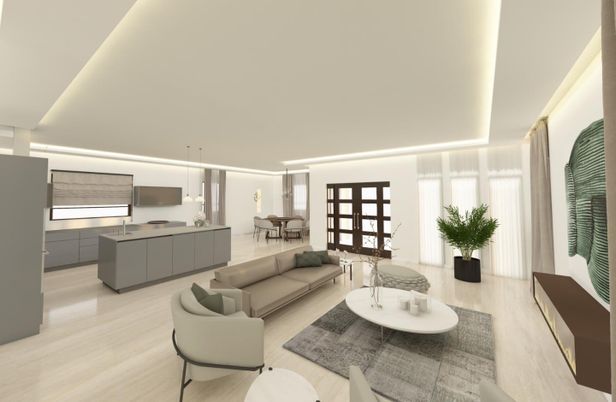 Interior, Kitchen, Living room, Pendant Lights, Wood Texture Flooring