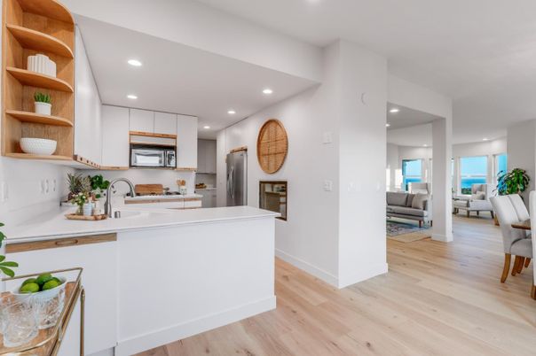 Interior, Kitchen, Living room, Recessed Lighting, Stainless Steel Appliances, Water, Wood Texture Flooring