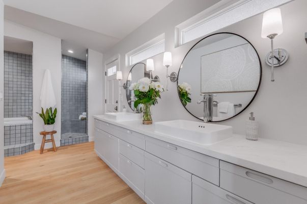 Bathroom, Dual Sink Vanities, Interior, Recessed Lighting, Wood Texture Flooring