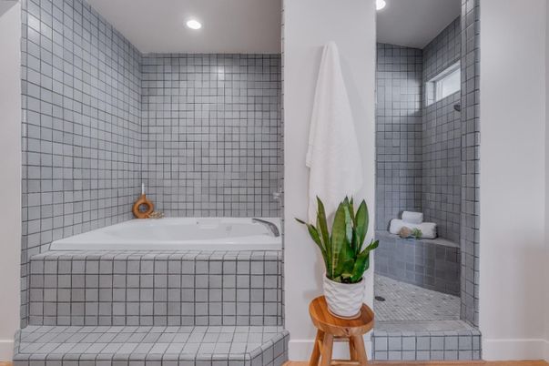 Bathroom, Interior, Recessed Lighting, Wood Texture Flooring
