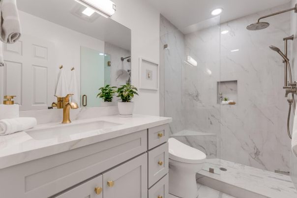 Bathroom, Glass Shower, Interior, Marble, Marble Walls, Recessed Lighting