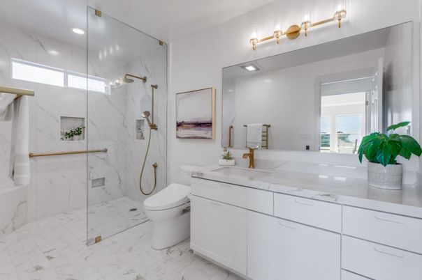 Bathroom, Glass Shower, Interior, Marble, Marble Walls, Recessed Lighting