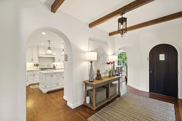 Interior, Kitchen, Pendant Lights, Recessed Lighting, Wooden Beams, Wood Texture Flooring