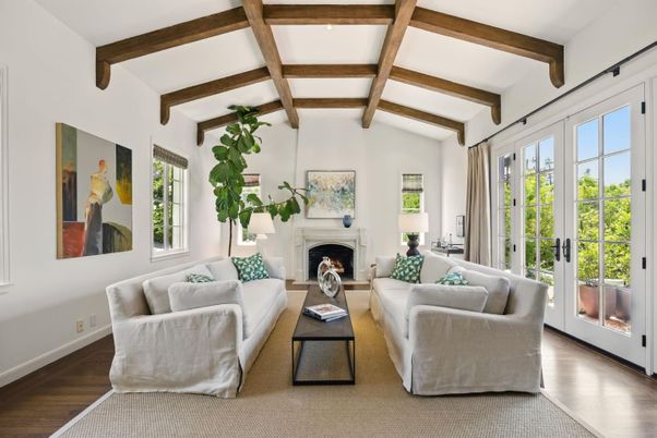 Fireplace, Interior, Living room, Recessed Lighting, Wooden Beams, Wood Texture Flooring