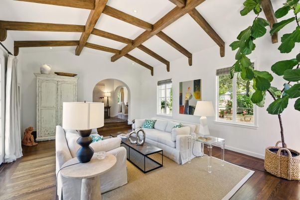 Interior, Living room, Recessed Lighting, Wooden Beams, Wood Texture Flooring