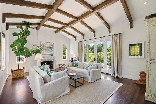 Fireplace, Interior, Living room, Recessed Lighting, Wooden Beams, Wood Texture Flooring