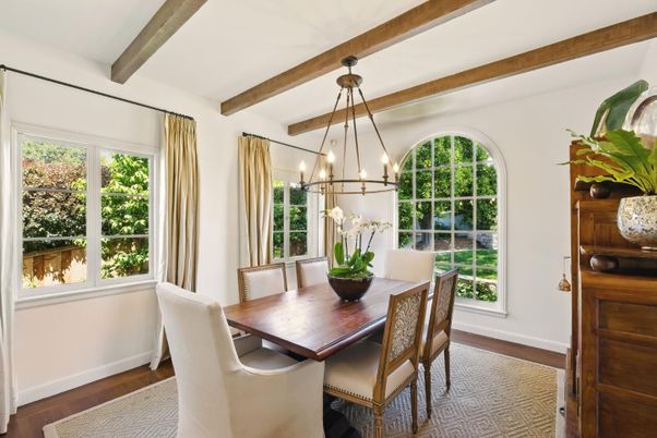 Dining room, Interior, Pendant Lights, Wooden Beams, Wood Texture Flooring
