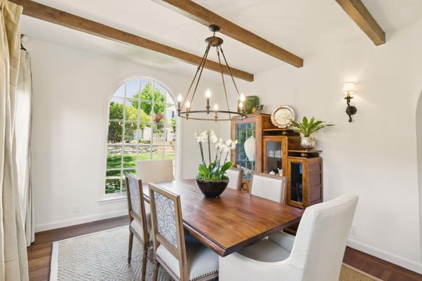 Chandelier, Dining room, Interior, Wooden Beams, Wood Texture Flooring