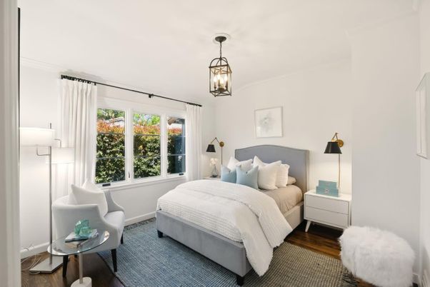 Bedroom, Interior, Pendant Lights, Wood Texture Flooring