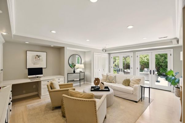Home Office, Interior, Living room, Recessed Lighting, Wood Texture Flooring