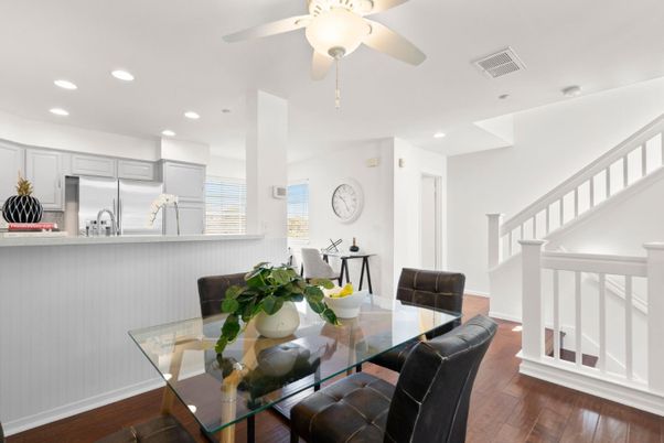 Dining room, Interior, Kitchen, Recessed Lighting, Stainless Steel Appliances, Wood Texture Flooring