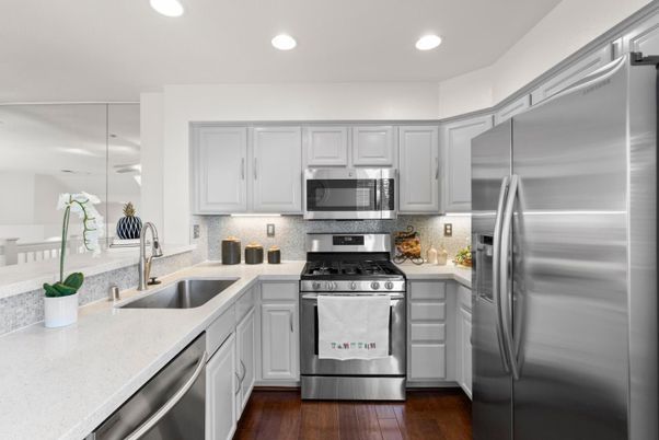 Interior, Kitchen, Recessed Lighting, Stainless Steel Appliances, Wood Texture Flooring